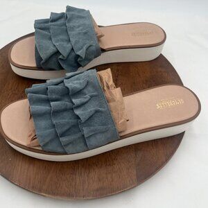 Seychelles Women’s Axis Blue Suede Ruffle Slides Sandals Size 11 Resort Vacation